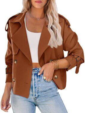 Women's Brown Cropped Raglan Sleeve Lapel Collar Double Breasted Trench Coat